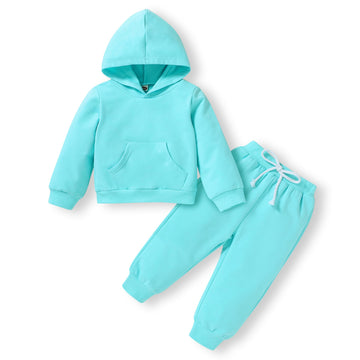 Happy Town Toddler Fall Outfits For Girl Boy Long Sleeve Hoodie Top And Long Sweatpants Set Toddler Sweatsuit (Solid Color-Blue,