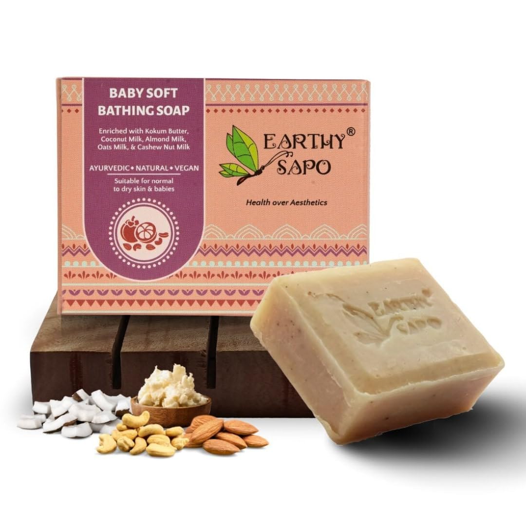 Earthy Sapo Handmade Baby Soft Bathing Soap (Coconut, Almond & Oat Milk, Kokum Butter) 100G, Pack Of 3 | Natural, Gentle Bath So
