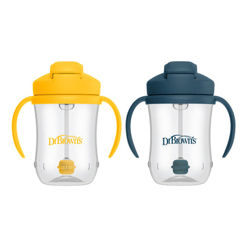 Dr. Brown'S Milestones, Baby'S First Straw Cup Sippy Cup With Straw, 6M+, 9Oz/270Ml, 2 Pack, Dark Blue & Vintage Yellow, Bpa Fre
