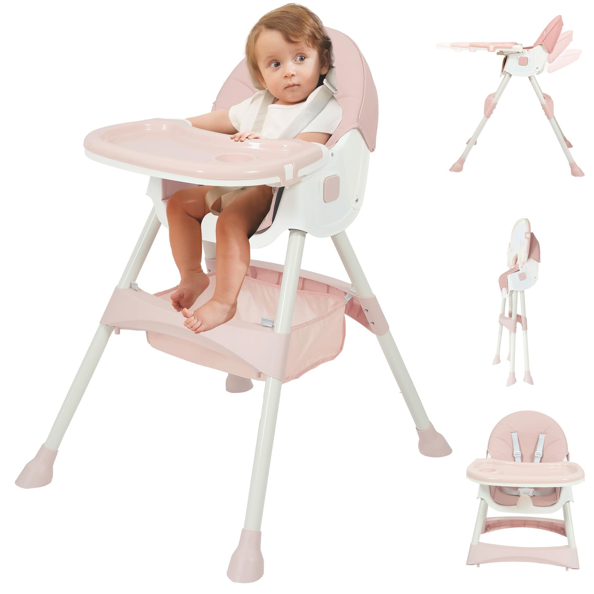 Baby High Chair, 6 in 1 Convertible High Chairs for Babies and Toddlers with 5-Point Safety Harness,Foldable High Chair for Spac