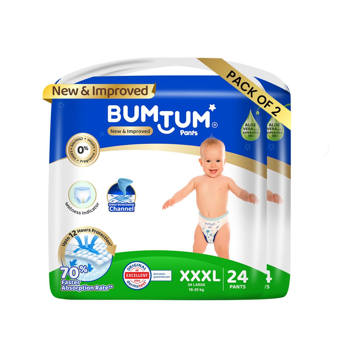 Bumtum Baby Diapers | Pant Style Baby Diapers Xxxl Size, 48 Count | Double Layer Leakage Protection Infused With Aloe Vera, Cott