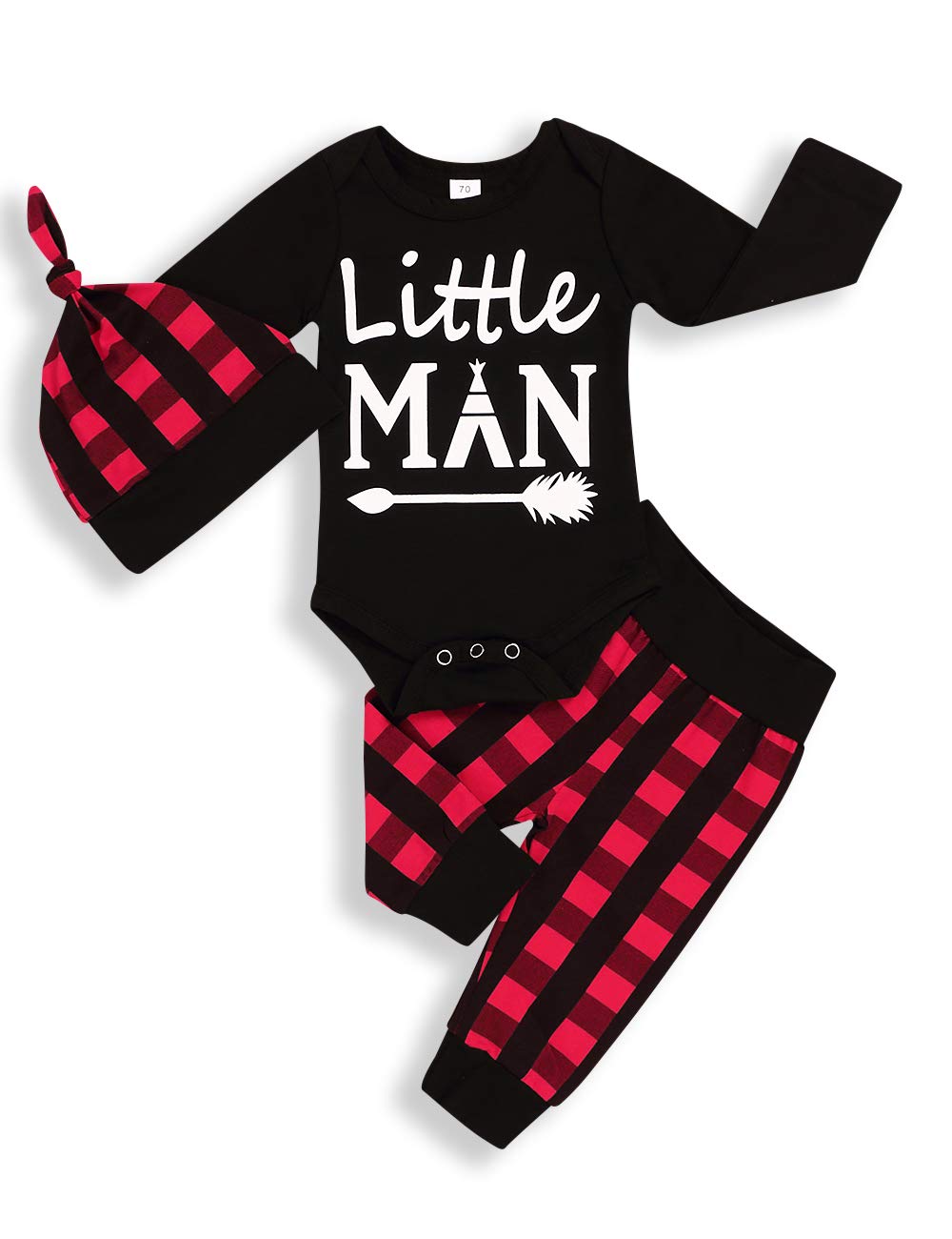 Newborn Baby Boy Girl Clothes Little Man Long Sleeve Romper,Plaid Pants + Cute H WBBAPB07F6HR72J