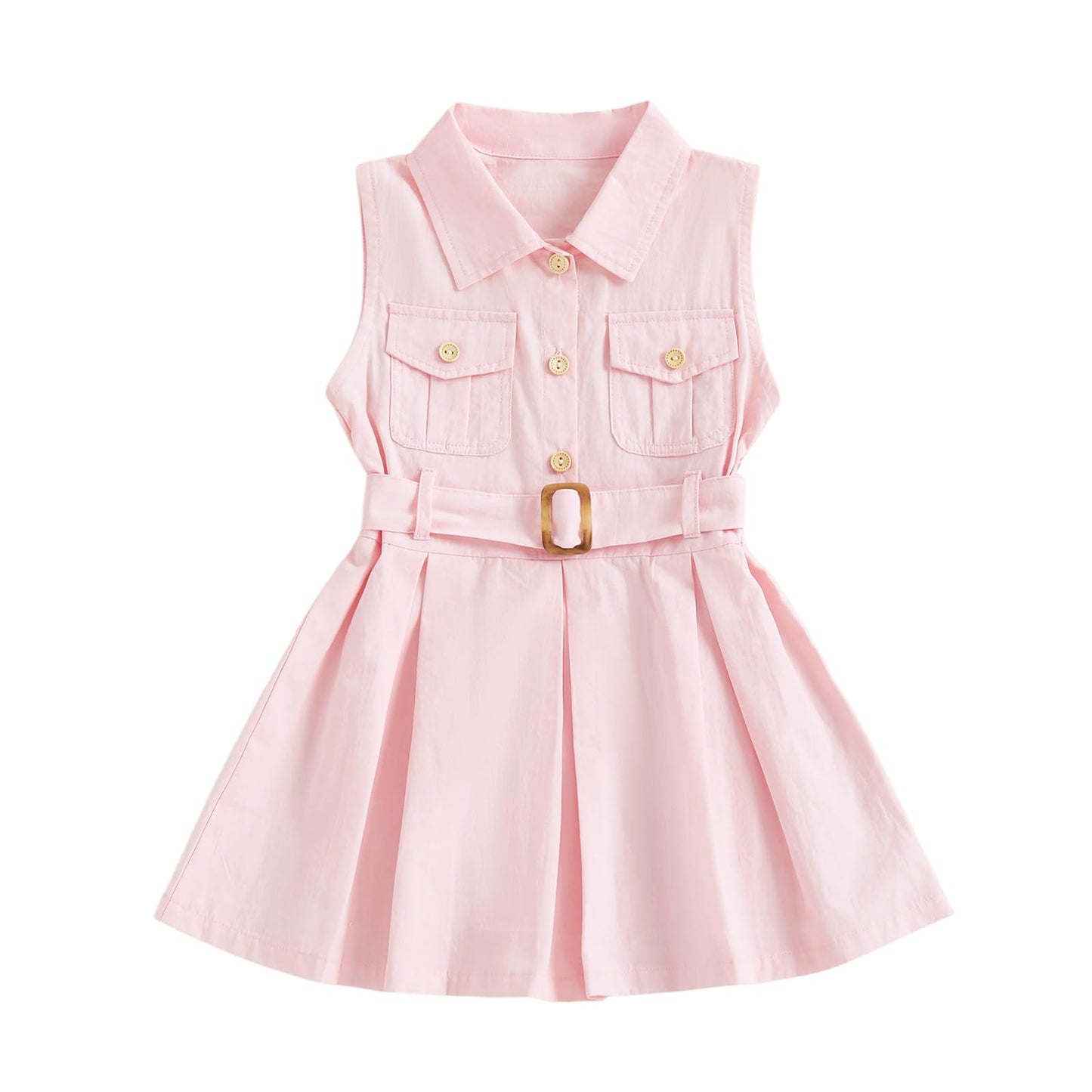 RSRZRCJ 1-5Y Little Kids Toddler Baby Girl Summer Clothes Sleeveless Collared Button Dress Pockets Belted Tank Dresses Playwear 