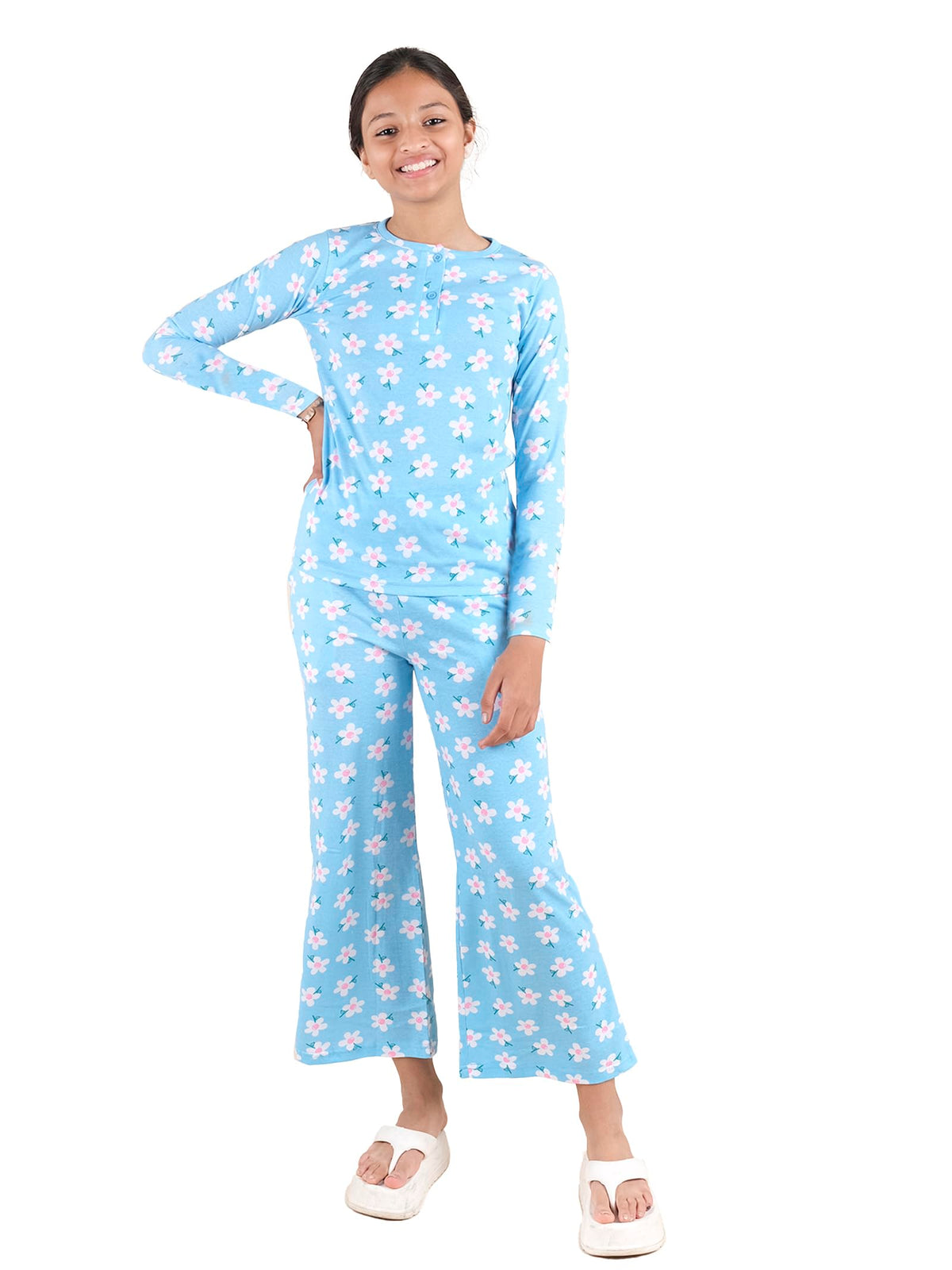 KiddoPanti Girls Cotton Floral Printed Henley Neck Tee with Pajama Pant Night Set, Blue  1214Y