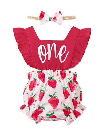 Shalofer Baby Girl First Birthday Outfit 1St Birthday Berry Summer Bodysuit With Fruit Headband(Red,6-12 Months)
