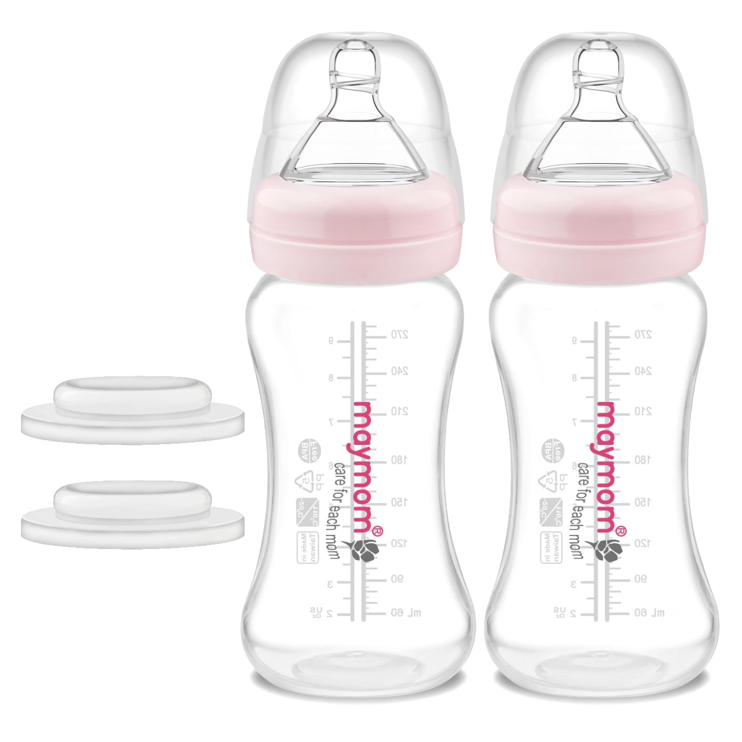 Maymom Wide-Mouth Milk Collection Storage And Feeding Bottle With Nipple, Pink Dome Cap, Bottle Top, Sureseal Sealing Disk; Comp