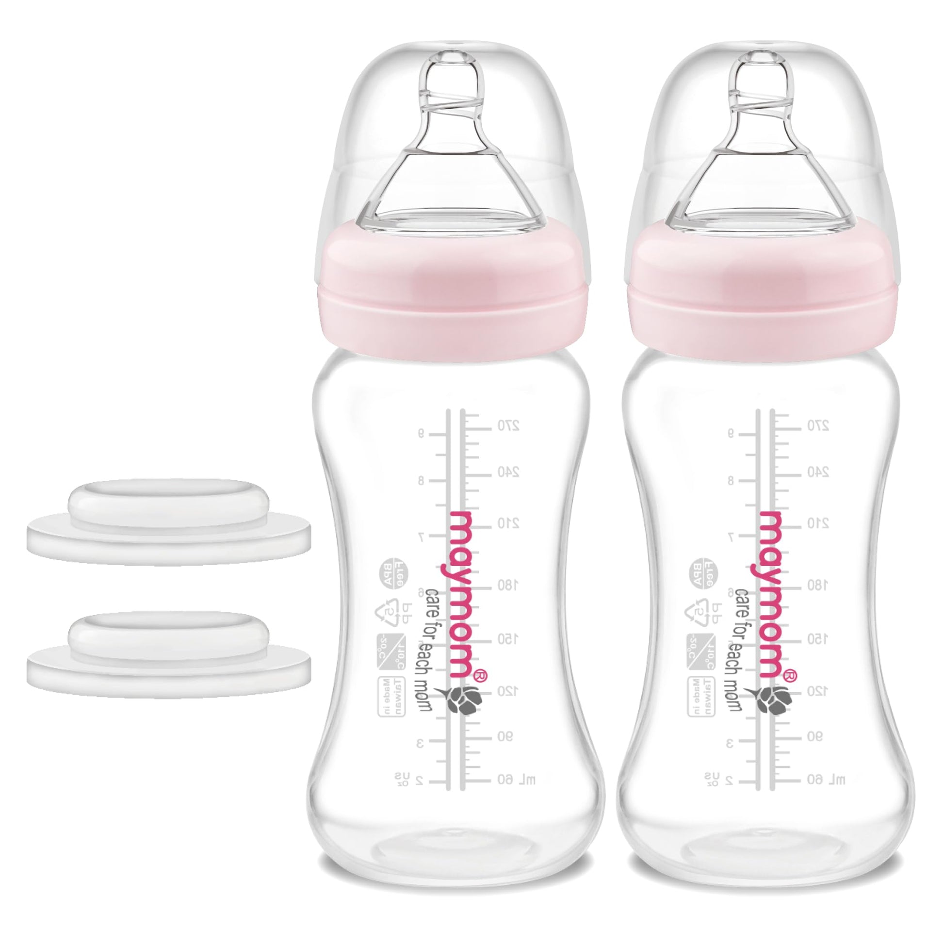 Maymom Wide-Mouth Milk Collection Storage And Feeding Bottle With Nipple, Pink Dome Cap, Bottle Top, Sureseal Sealing Disk; Comp