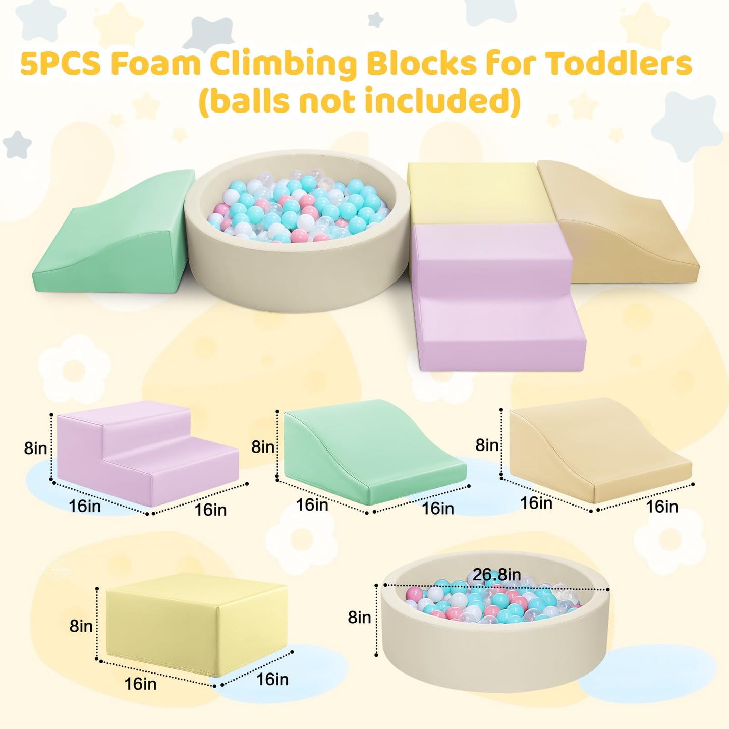 Hoohtoot Foam Climbing Blocks For Toddler: With 4-Piece Pu Leather Climbing Toys And A Ball Pit - Foam Ball Pit For Toddlers - C