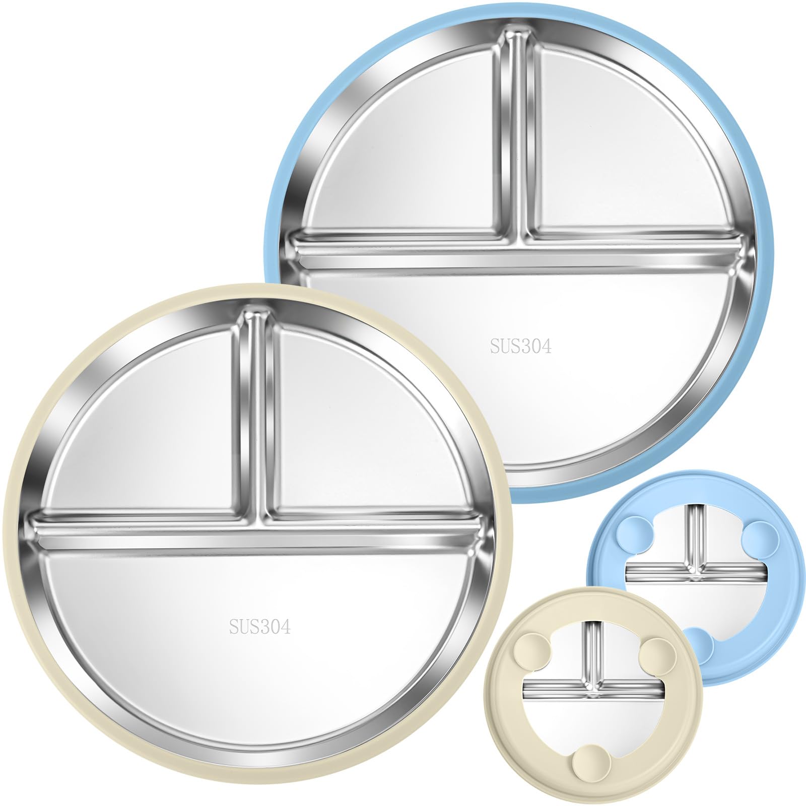 Palksky Baby Plates, Stainless Steel Toddler Plate with Suction, Kids Divided Dishes with Removable Silicone Sleeves, Non Toxic 
