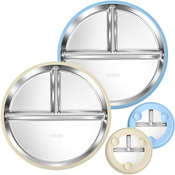 Palksky Baby Plates, Stainless Steel Toddler Plate with Suction, Kids Divided Dishes with Removable Silicone Sleeves, Non Toxic 
