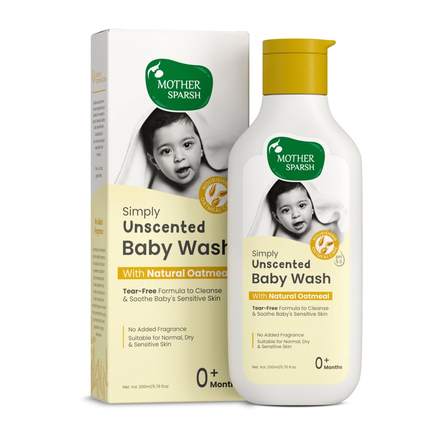 Mother Sparsh Simply Unscented Baby Wash With Natural Oatmeal- 200Ml | Fragrance Free Baby Body Wash | Tear Free Formula For New