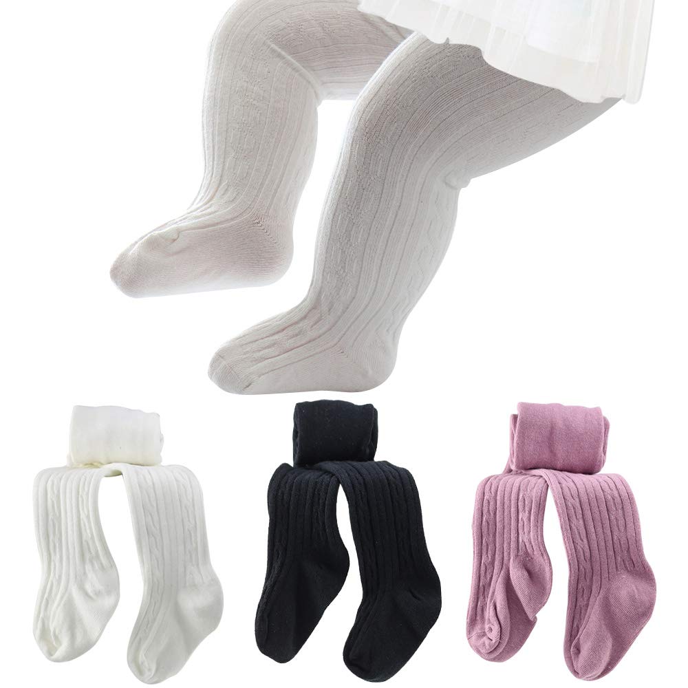 Techcity Baby Girls Tights Toddler Seamless Leggings Cable Knit Cotton Pants Stockings (Pack Of 3) (3 Pack Black White Purple, 2