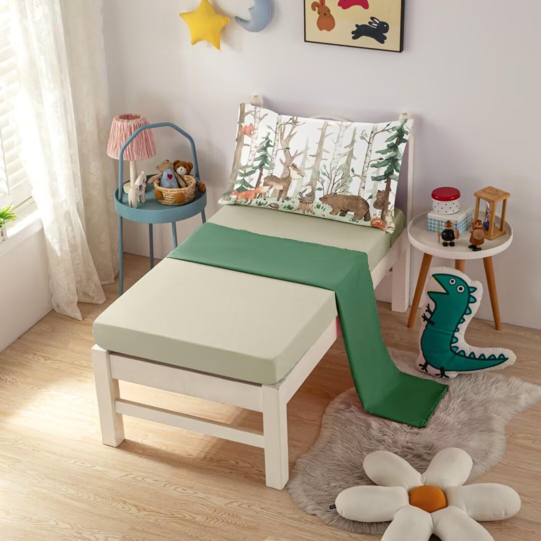 Ckou Ccoo 4 Pieces Woodland Animal Toddler Bedding Set, Forest Deer Bear Bed Comforter Setfor Baby Boys Girls, Cute Toddler Quil