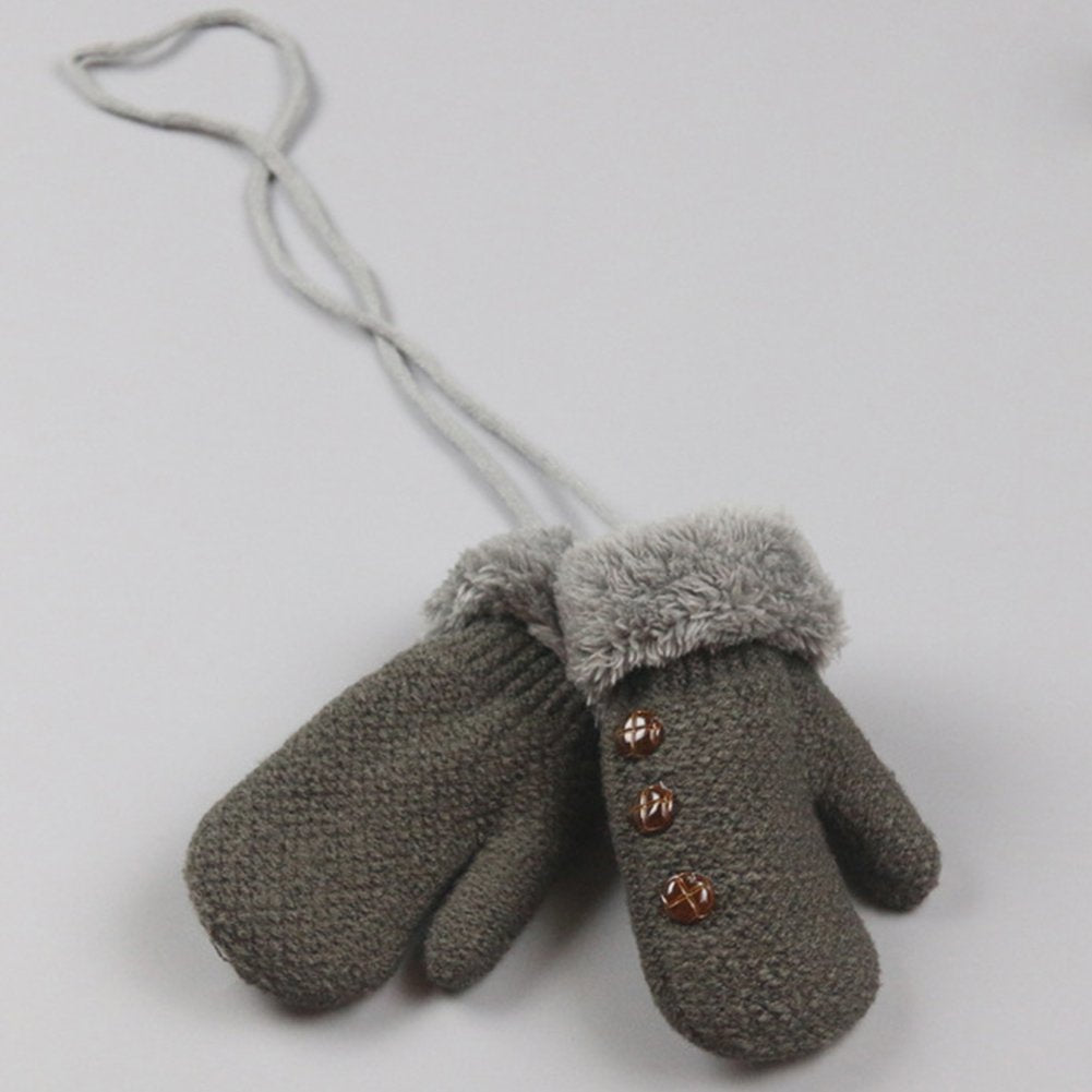 X&F Unisex Baby Cute Buttons Fur Thick Gloves Kids Warm Mittens With String Dark Grey