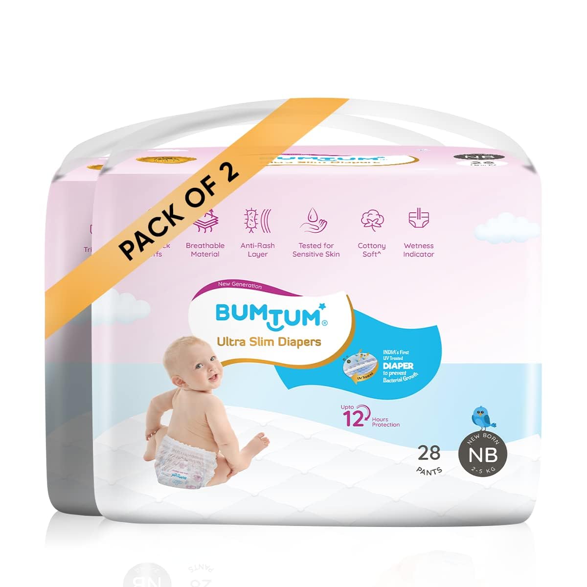 Bumtum Ultra Slim New Born Baby Diaper Pants, 56 Count, For Sensitive Skin, 12 Hrs Protection,Cottony Soft AntiRash Layer, Wetn