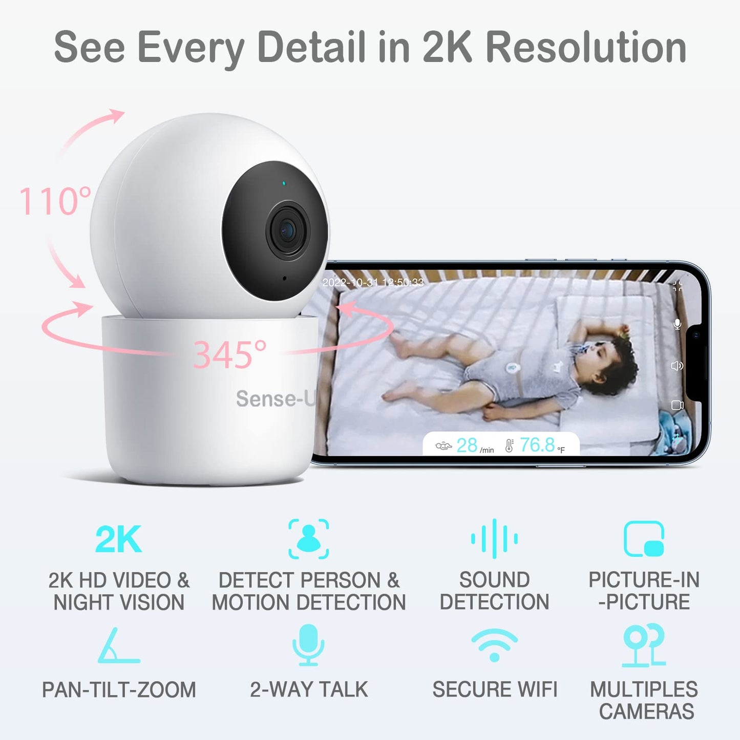 Sense-U Smart Baby Monitor 3+2K Ptz Camera - Tracks Abdominal Movement, Rollover, Temp, 2K Video, Audio, Motion, With Realtime A