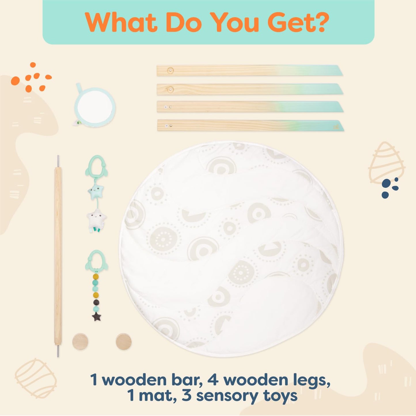 B. Toys- B. Baby- Wooden Baby Play Gym - Activity Mat - Starry Sky - 3 Hanging Sensory Toys - Natural Wood - Babies, Infants