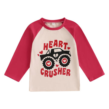 Canis Toddler Baby Boys Girls Valentines Day Shirt Monster Truck Loved Heart Graphic Tee Raglan Long Sleeve Top (Red Heart Crush