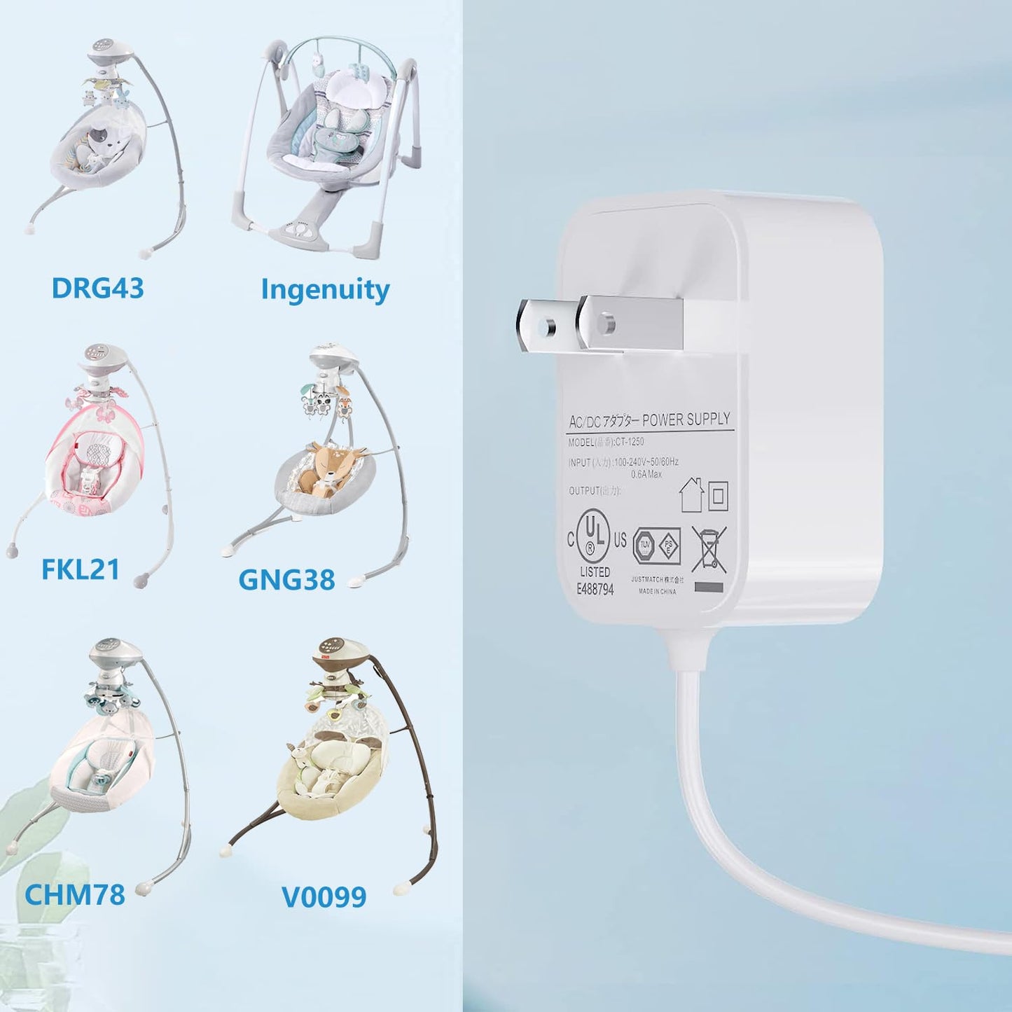 Vhbw For Fisher Price Swing Adapter Cord 6V Power Cord For Fisher Price Ingenuity Cradle Swing, Rainforest Cradle Swing, Butterf