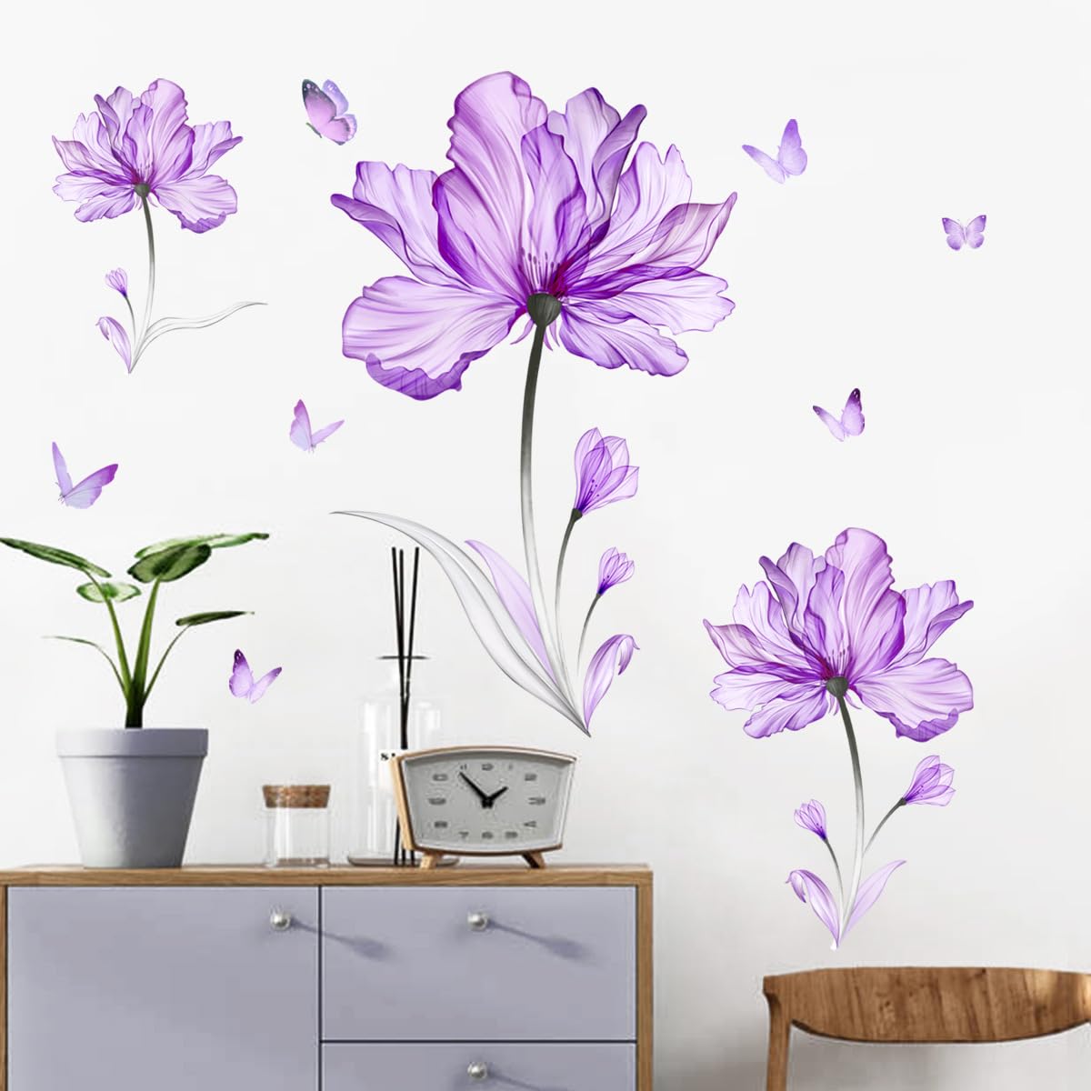 Purple Flower Butterfly Wall Stickers Removable Peel And Stick Murals Wall Decals For Living Room Bedroom Door Aisle Sofa Tv Bac