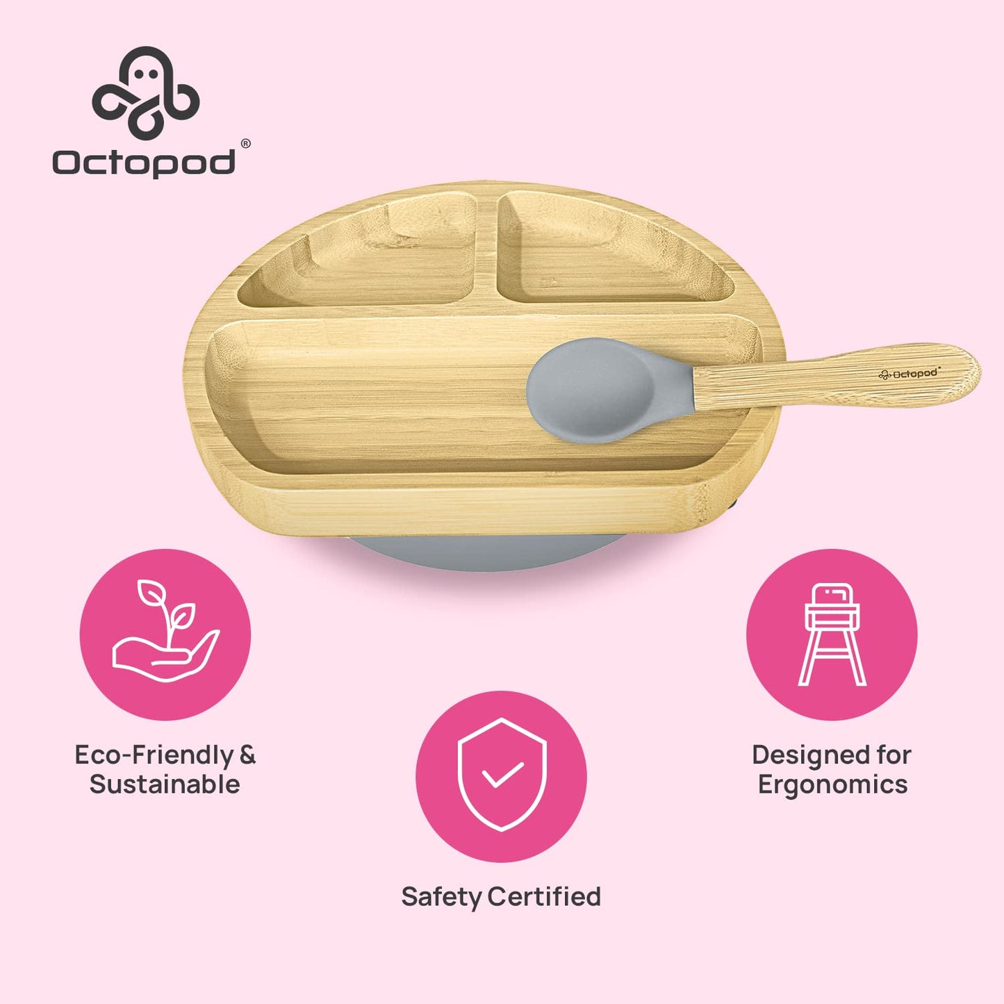 Abiie Octopod Bamboo Dish - Kids Plates For 4 Months And Up, 3-Compartment Baby Plates With Suction, Triangle Bamboo Baby Plate,