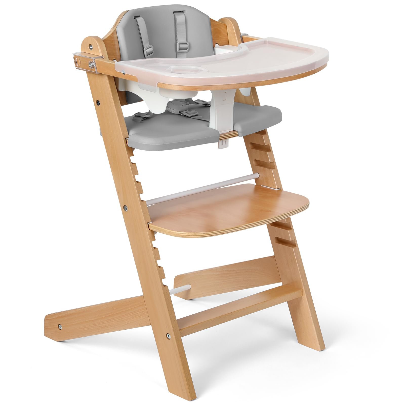 Cowiewie 3-in-1 Convertible Natural Wooden High Chair for Babies & Toddlers 3-Tier Remove & 2 Adjustable Wood Tray & 8 Levels Ad