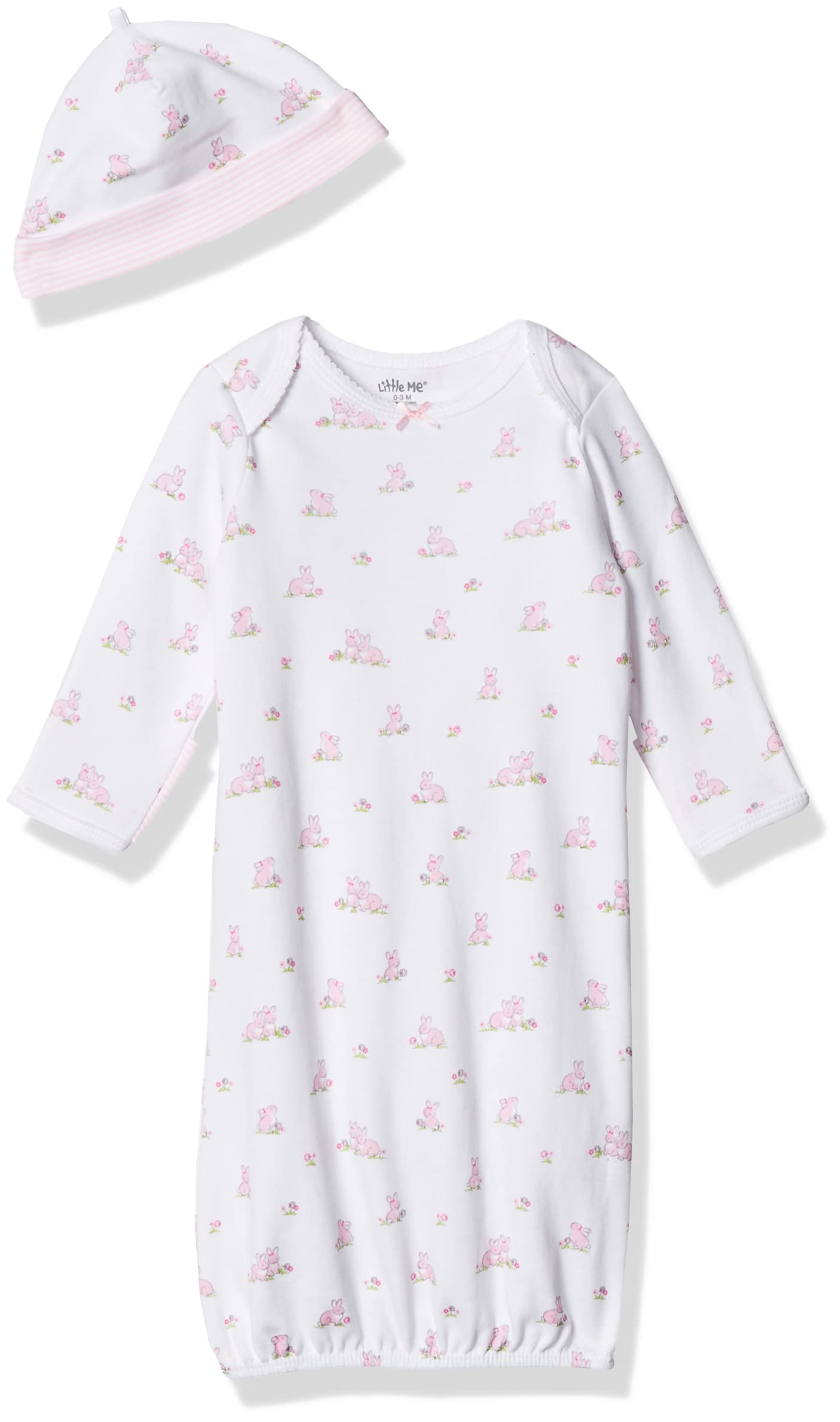 Little Me Baby Girl'S 2-Piece Nightgown And Cap Set, White Print/Bunny, 0-3 Months