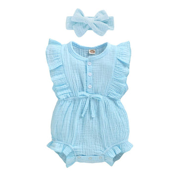 Younger Tree Toddler Baby Girl Ruffled Sleeveless Romper Casual Summer Jumpsuit Cotton Linen Clothes (Button-Sky Blue, 6-12 Mont