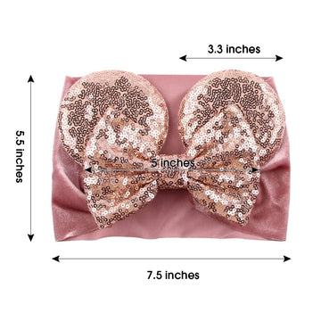 Jiahang Baby Girl Mouse Ears Turban Headwrap With Gold Sequin Bows, Wide Velvet Hairband For Newborn, Toddler, And Kids - Party