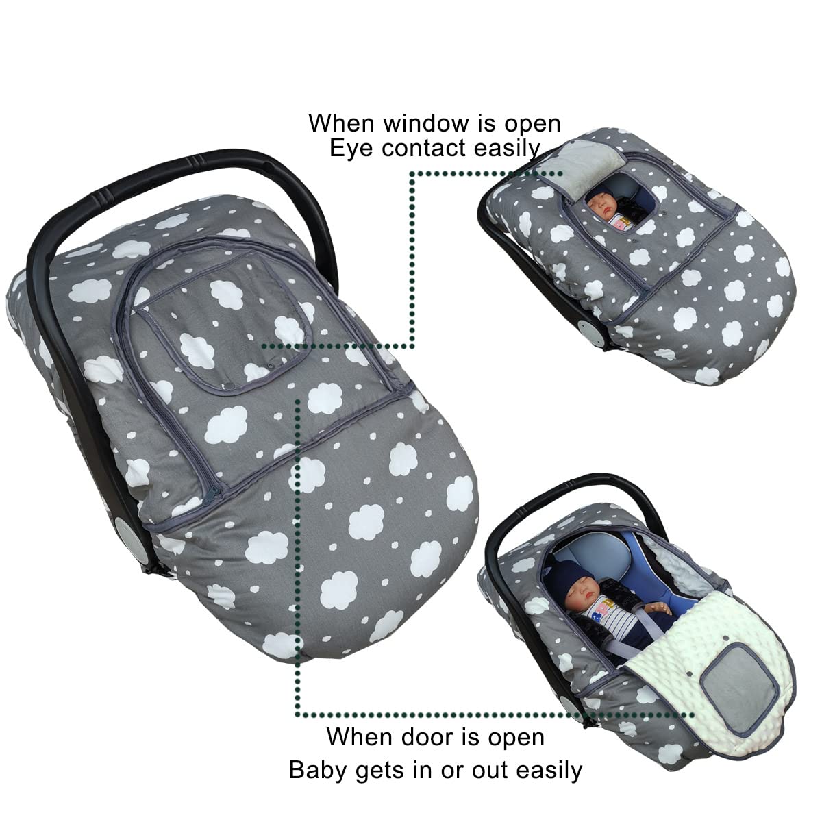 Carseat Cover, Winter Baby Car Seat Covers For Infant Car Seat, Baby Carrier Cover Canopy, Window In Door Zipper Open, Thick Pad