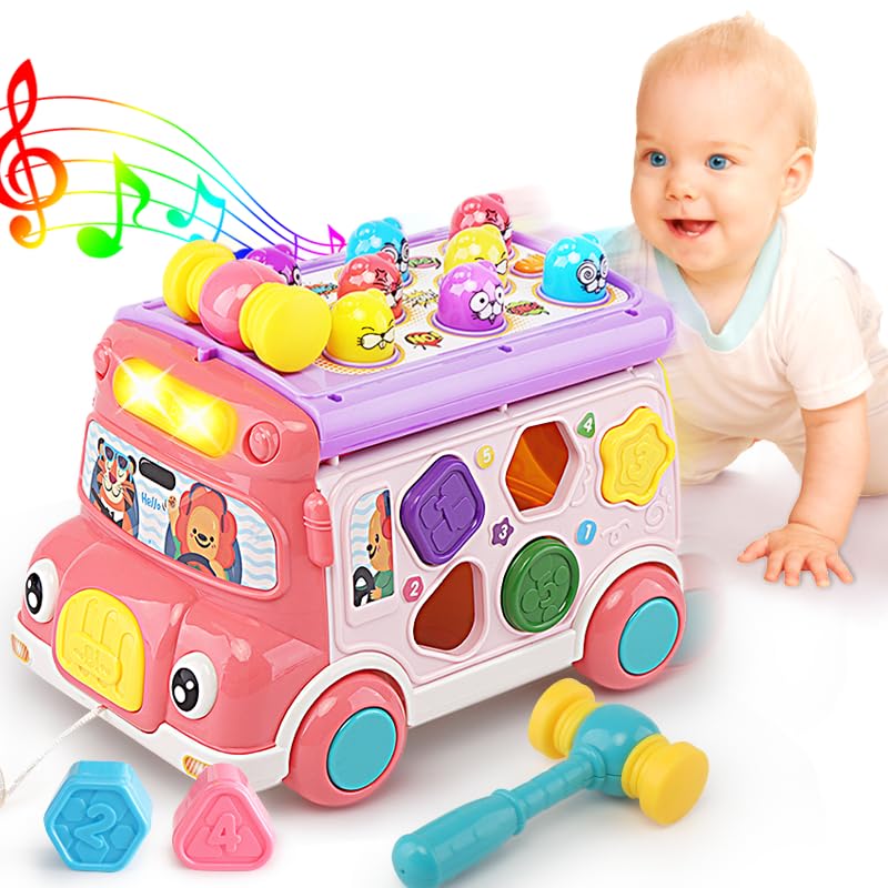 Music Activity Bus Baby Toy, Infant Education Learn Car, Sound & Light, Interactive Game, Shape Sorter, Animal Matching, Holiday