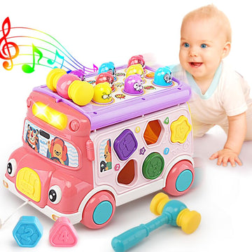 Music Activity Bus Baby Toy, Infant Education Learn Car, Sound & Light, Interactive Game, Shape Sorter, Animal Matching, Holiday