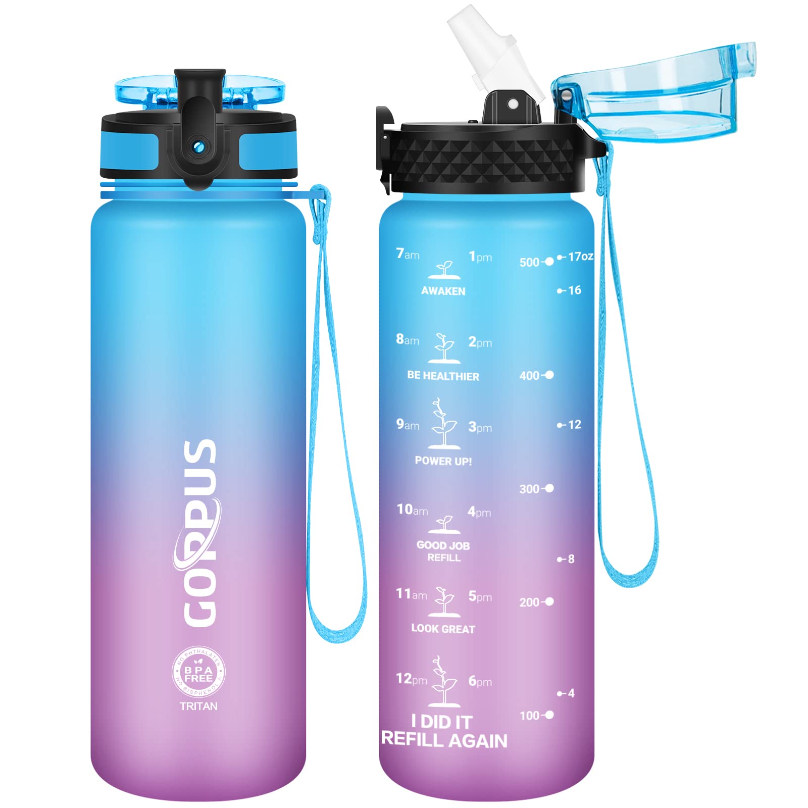 Goppus Kids Water Bottle With Straw Spout Lid 10Pcs Stickers 1217 Oz Leak-Proof Bpa Free Motivational Time Marker Tritan Plastic