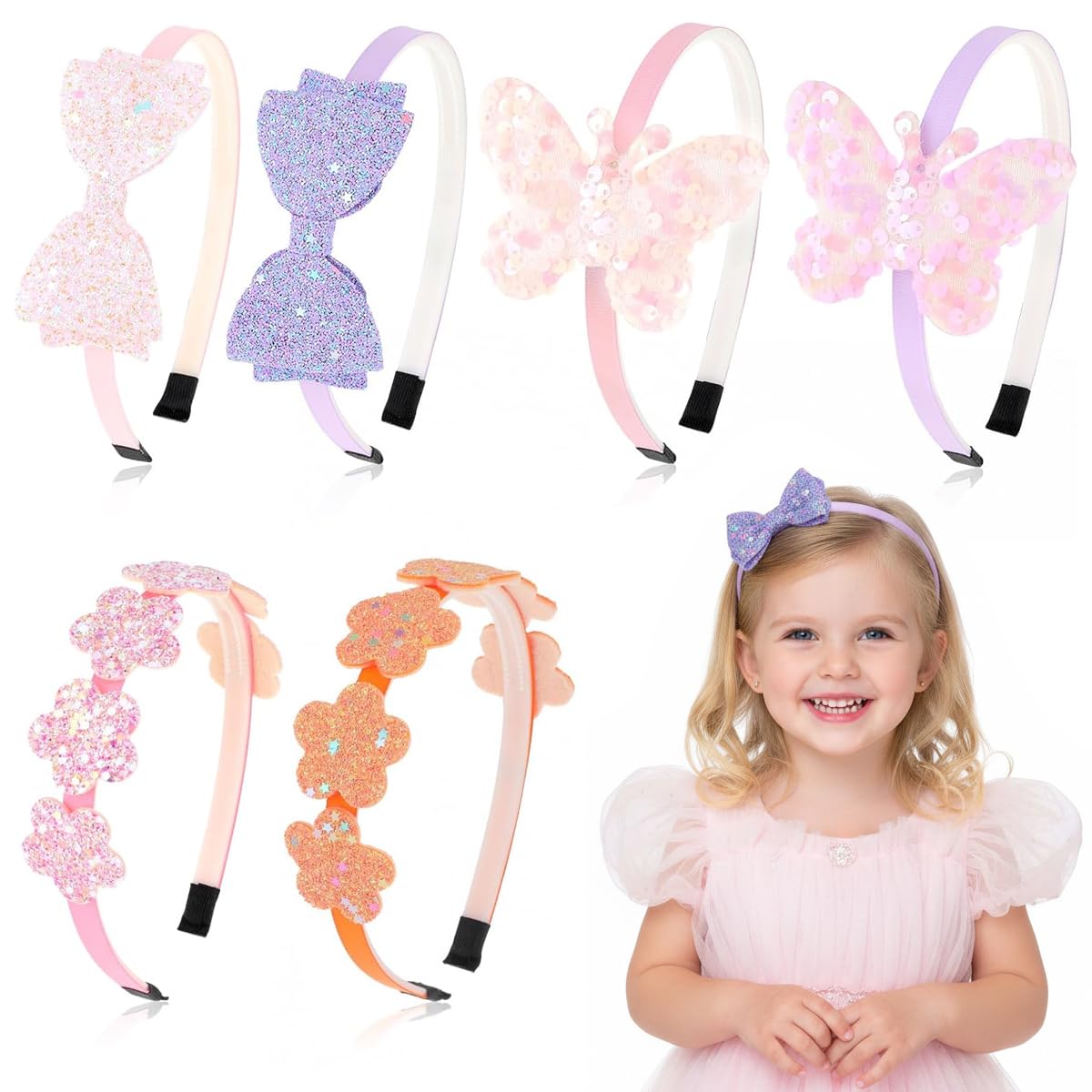 Patpat 6Pcs Colorful Shining Hairbands For Kids Girl, Sweetly Stylish Hair Band For Girls Kids Bow Butterfly Floral Headpiece He