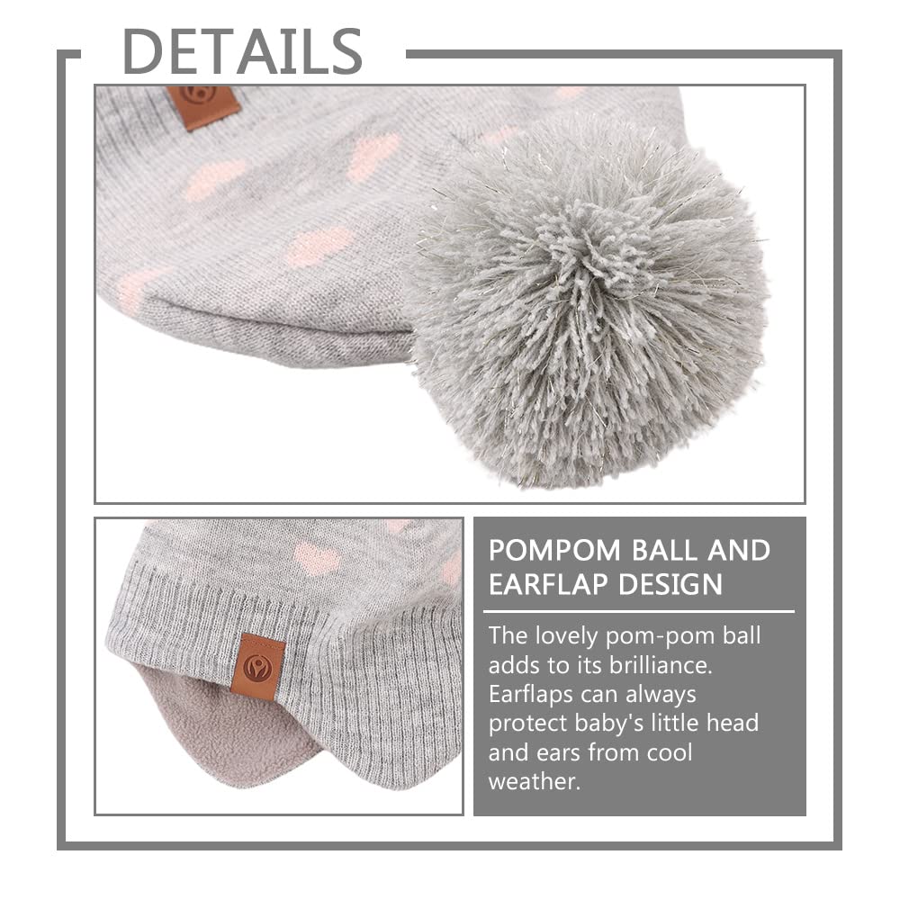 Knitted Pink Baby Hat Scarf Set Winter Warm Girls Beanie Fleece Lining Toddler Kids Hat With Pompom (Gray Heart Hat Scarf,L)
