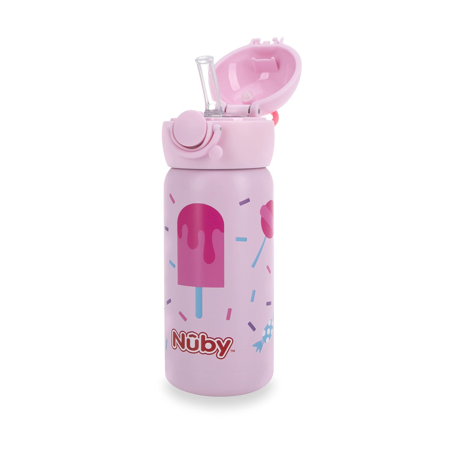 Nuby Thirsty Kids No Spill Flip-It Active Stainless Steel Travel Cup or Water Bottle - 14 Oz - 18+ Months - Pink Ice Cream - Bac