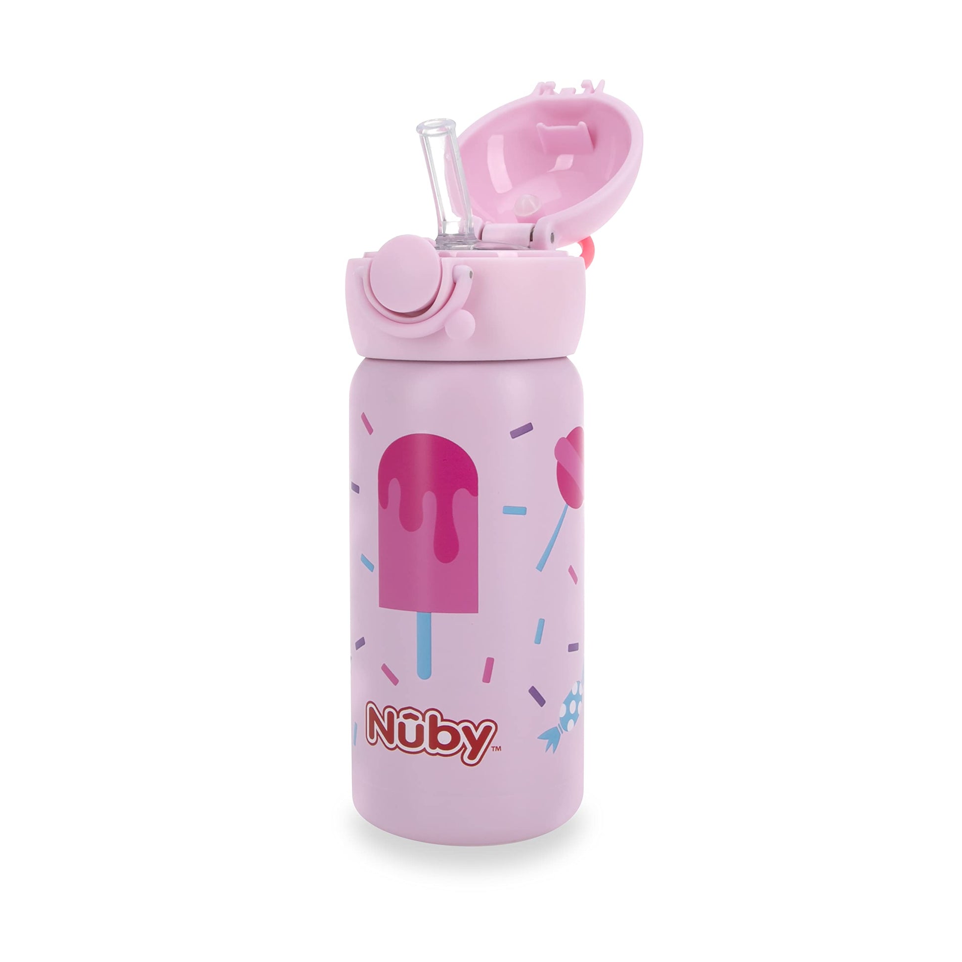Nuby Thirsty Kids No Spill Flip-It Active Stainless Steel Travel Cup or Water Bottle - 14 Oz - 18+ Months - Pink Ice Cream - Bac