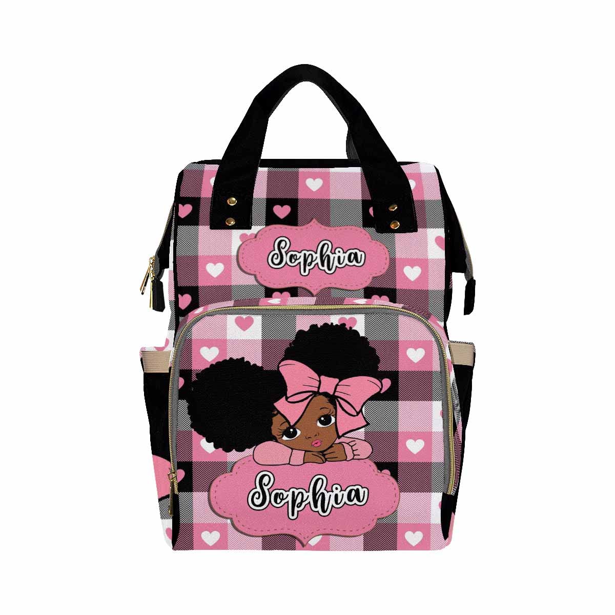 Artsadd Custom Name Baby Diaper Bag From Mom Dad, Personalized Pink Hearts Plaid Baby Backpack With Stroller Straps Large Capaci