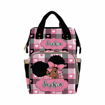 Artsadd Custom Name Baby Diaper Bag From Mom Dad, Personalized Pink Hearts Plaid Baby Backpack With Stroller Straps Large Capaci