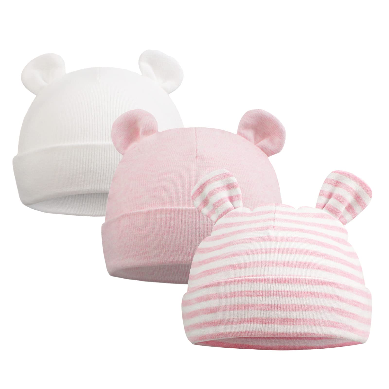 Original Cotton Newborn Hats For Girls Striped Preemie Baby Hats Bear Ears Infant Boys Beanies 0-6 Months (Bear(White+Pink+Pink