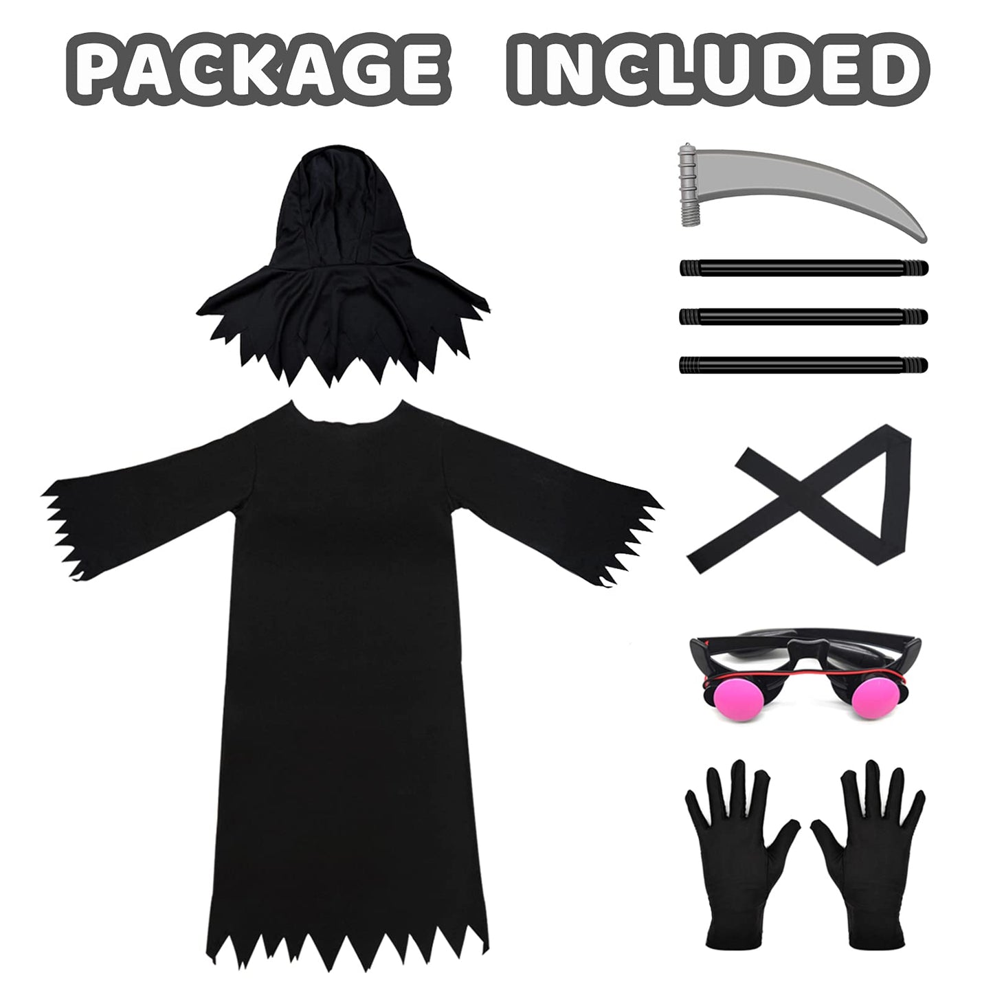 Grim Reaper Halloween Costume With Glowing Red Eyes For Kids, Scythe Included(X-Large)
