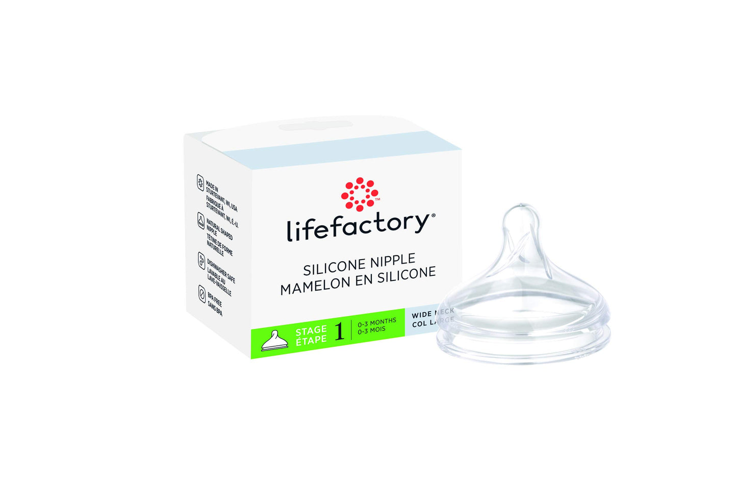 Lifefactory Stage 1 (0-3 Months) Wide Neck Silicone Nipple, 1-Pack, Clear, (LG8616)
