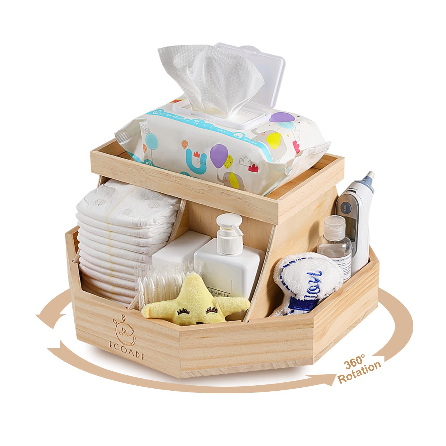 Ecoade Wooden Diaper Caddy Organizer - 360 Degrees Rotating Caddy With Removable Dividers, Nursery Diaper Organizer