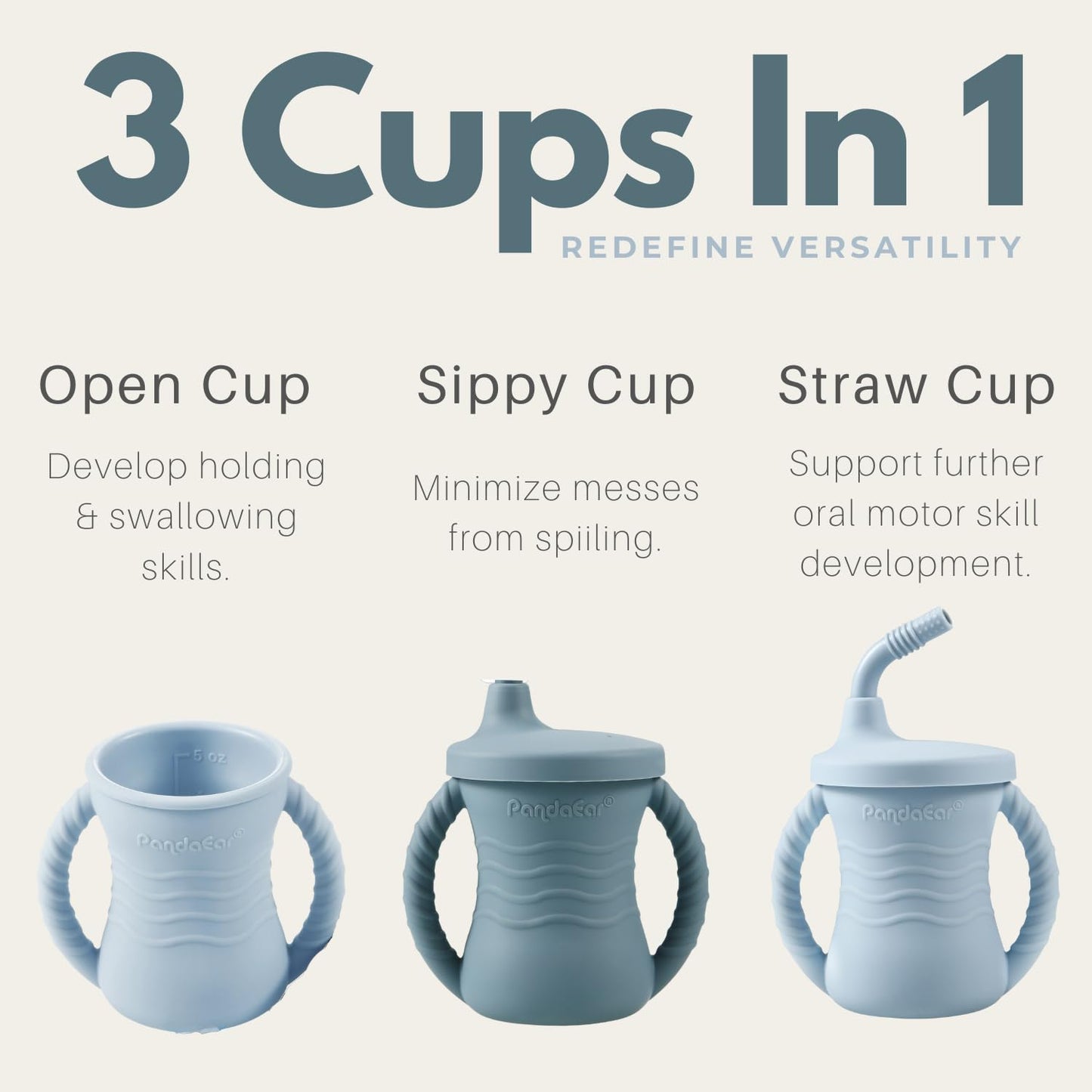 Pandaear Silicone Training Cup, 2 Pack Baby Drinking Sippy Cups With Handles & Straw For Baby And Toddler 6 Months+ (Dark Blue/L