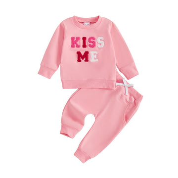 Nokpsedcb Baby Boy Girl Cute Letter Embroidery Long Sleeve Sweatshirt And Elastic Long Pants Toddler Valentine Outfits (Pink Kis