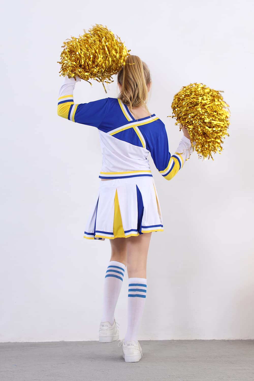 Lontakids Cheerleader Costume For Girls Cheerleading Uniform Dress Outfit With Stockings 2 Pom Poms (Blue, 160/11-12Years)