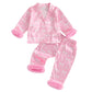 DuAnyozu Toddler Baby Girl Satin Valentines Pajamas Set Feather Trim Heart Print Little Girl Valentines Pjs Spring Clothes (Lotu