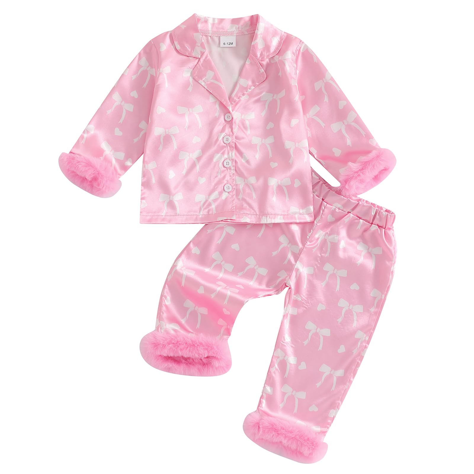 DuAnyozu Toddler Baby Girl Satin Valentines Pajamas Set Feather Trim Heart Print Little Girl Valentines Pjs Spring Clothes (Lotu