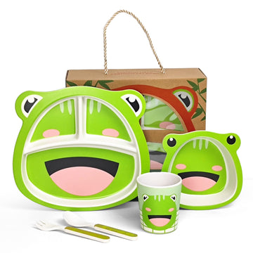 Bamboo Kid Divided Plates And Bowls Sets, 5Pcs Toddler Plates And Utensils Set Kids Dinnerware Set Children Divided Plate Toddle