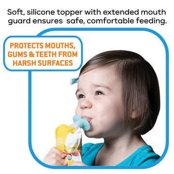 Buon Bambini Soft Sip Baby Food Pouch Toppers With Travel Case, 100% Silicone, Aqua/Blue, 2-Pack